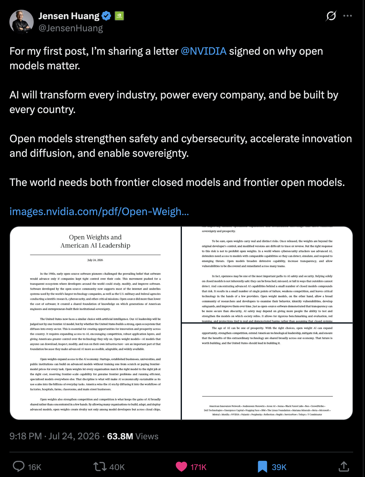 Jensen Huang's first post on X, sharing the Open Weights and American AI Leadership letter