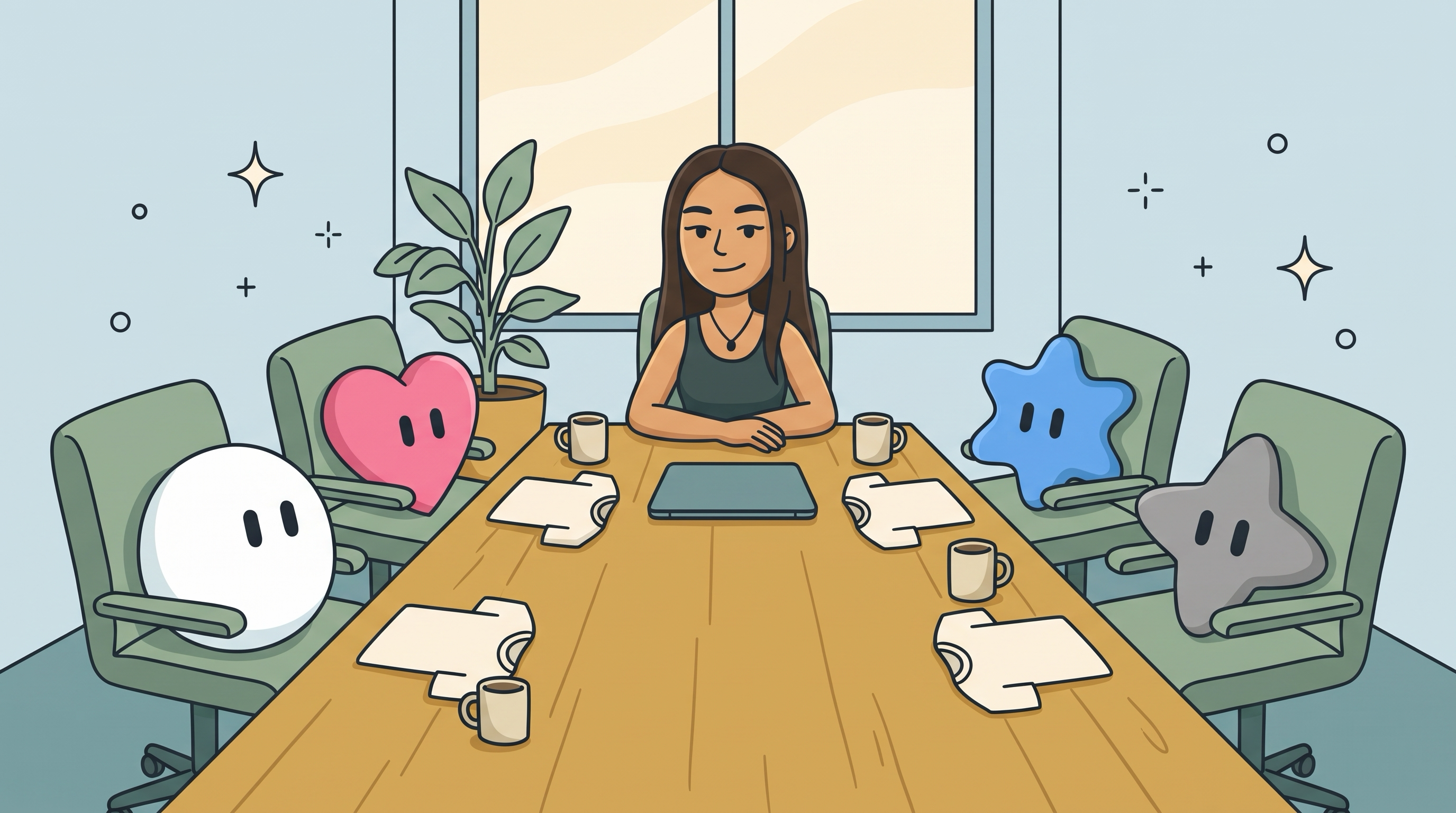 Cartoon of Maia at the head of a boardroom table in a meeting with her four AI agents