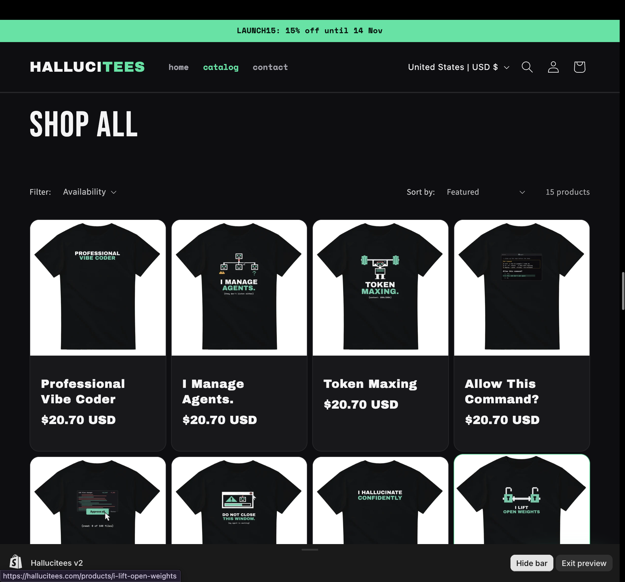 The Hallucitees shop page, showing t-shirts designed by the agents