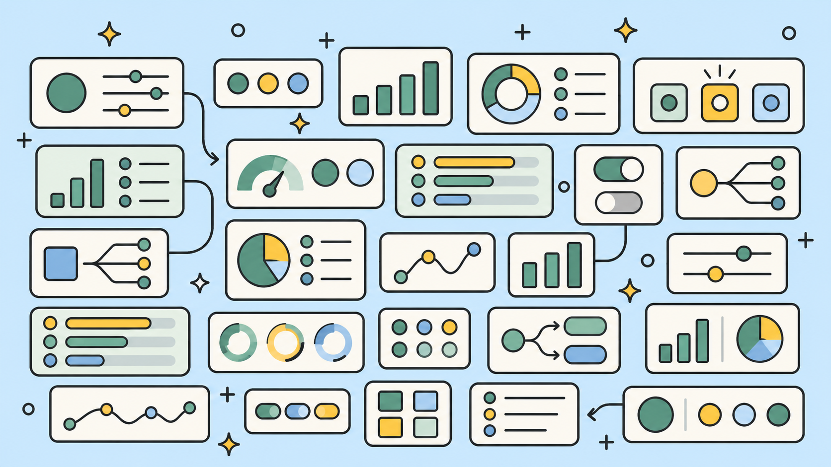Illustrated grid of dashboard cards with sliders, toggles, charts and branching choices