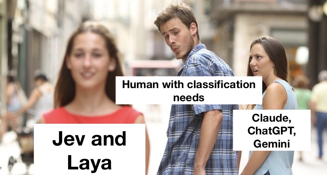 Distracted boyfriend meme: a human with classification needs looking at Jev and Laya while Claude, ChatGPT and Gemini look on
