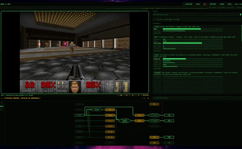 Jev playing Doom, with its live judgments next to the game