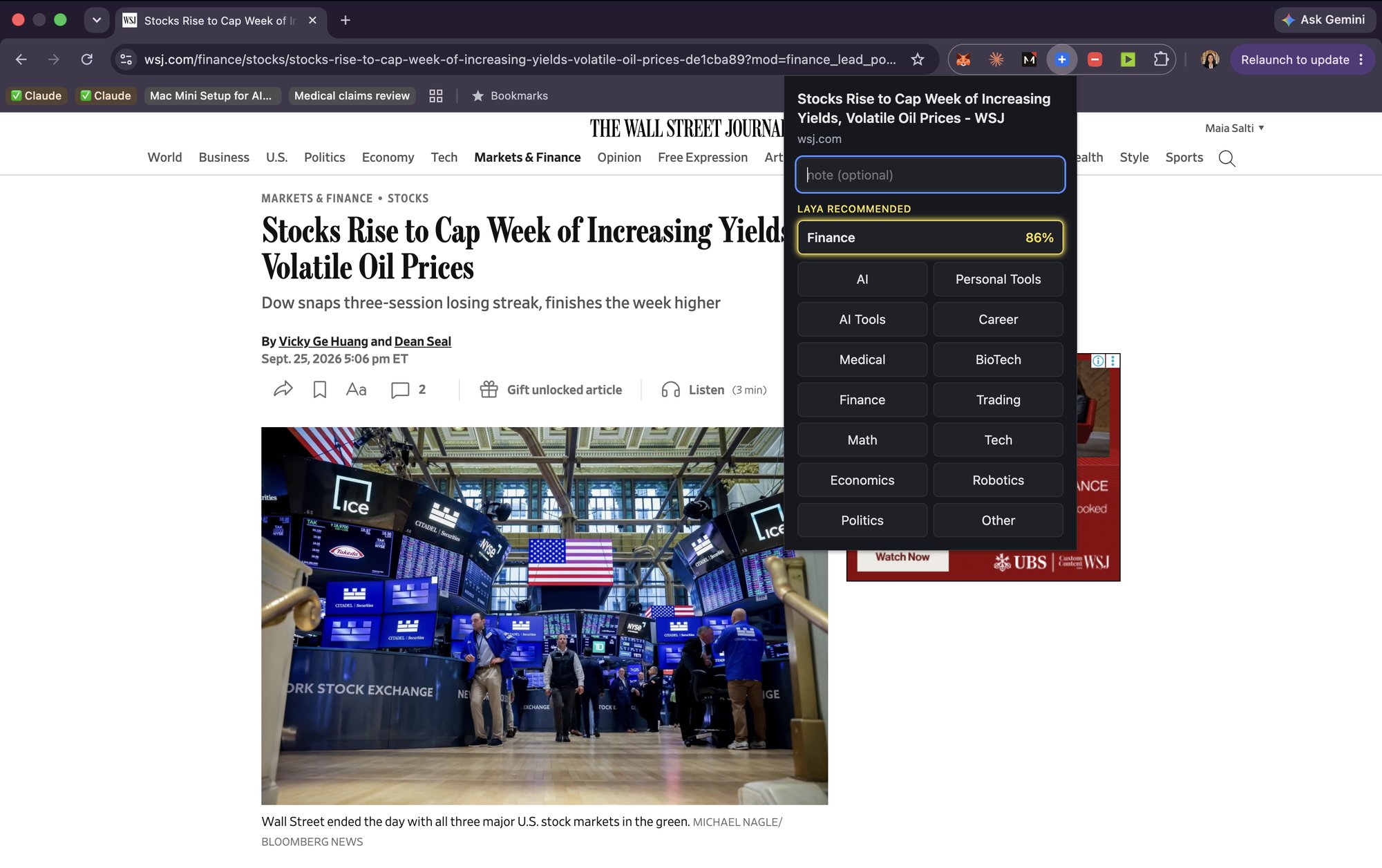 Resource Collector suggesting Finance for a Wall Street Journal article